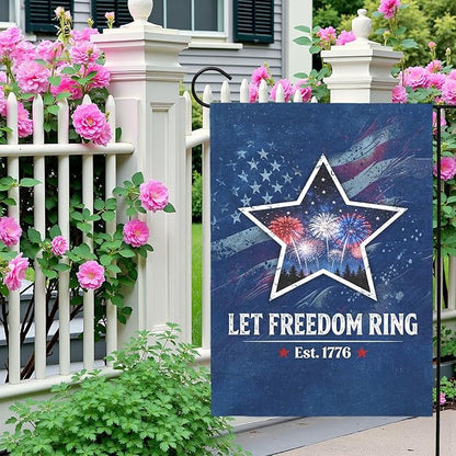 Fourth of July Patriotic Garden Flag Let Freedom Ring Yard Flags Independence Day Double Sided American Star Fireworks House Banner for Porch Patio Memorial July 4th Home Decor 12 x18 Inch