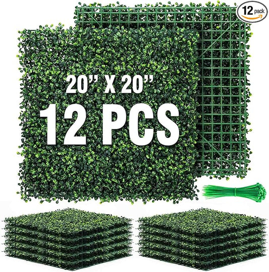 KASZOO 12 Pack 20"x20" Grass Wall Panels - Artificial Boxwood Panels for Greenery Wall Backdrop, Faux Greenery Grass Wall for Fence, Balcony, Patio, Home Decor, Outdoor Privacy Panels, 33 Sq. Ft.