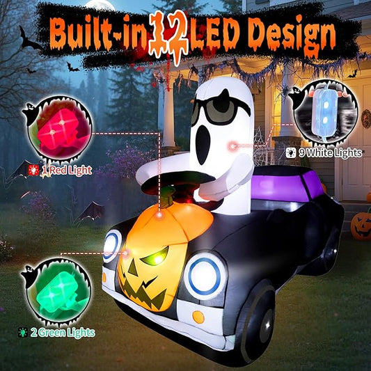 2025 Halloween Inflatables Monster Truck 8FT Long Ghost Driving a Pumpkin Car Inflatable Decor Outdoor with Build-in 12 Lights Car Blow Up Yard Decorations Cute Ghost Car BlowUp for Party Garden Lawn