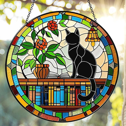 Cat Sun Catcher Stained Glass Window Hanging Book Lover Gifts for Women Book Wall Decor Handmade Sun Catcher Black Cat Sitting On Bookshelf Decoration for Home Room Housewarming Gifts