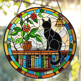 Cat Sun Catcher Stained Glass Window Hanging 6'', Book Lover Gifts for Women Book Wall Decor Handmade Sun Catcher Black Cat Sitting On Bookshelf Decoration for Home Room Housewarming Gifts