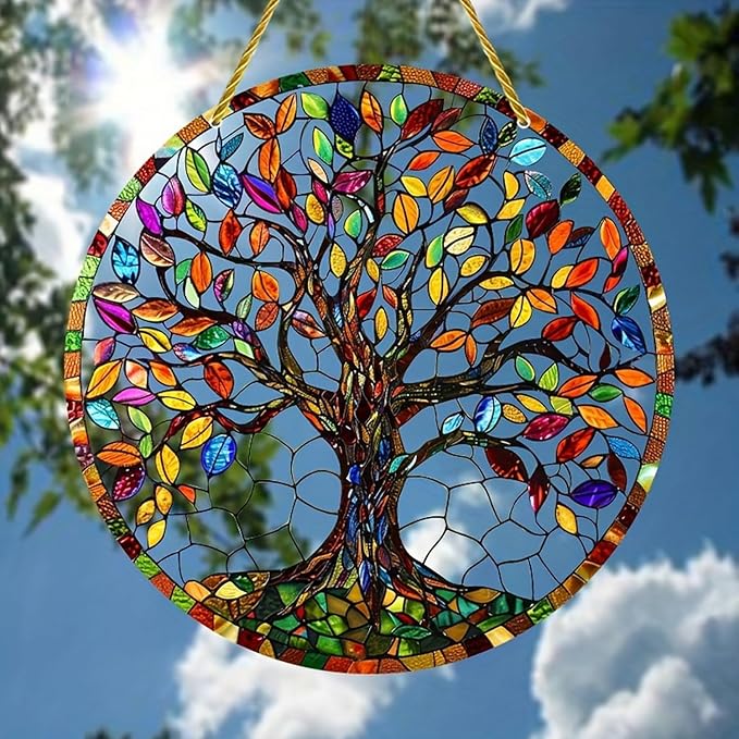 7.87 Inch Sun Catcher，Tree of Life Stained Glass Window Hanging，Acrylic Suncatchers Window Decorations for Indoor/Outdoor Garden Housewarming Gift for Mom