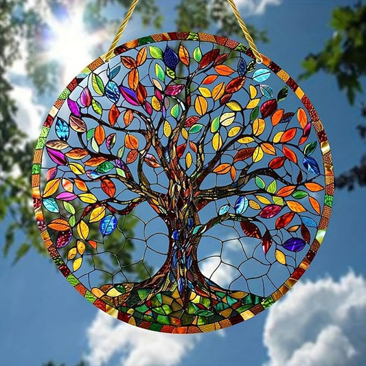 7.87 Inch Sun Catcher，Tree of Life Stained Glass Window Hanging，Acrylic Suncatchers Window Decorations for Indoor/Outdoor Garden Housewarming Gift for Mom