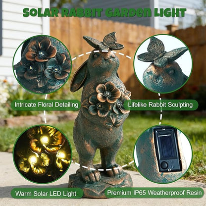 Solar Garden Statues, Resin Bunny Statue w/ Flower, Waterproof Figurine Rabbit Solar Lantern for Outside Yard Outdoor Home Patio Lawn, Solar Animal Lights for Adults Women Birthday Easter Gifts
