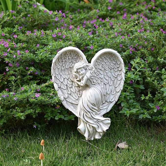 Sleeping Angel Garden Outdoor Statue Memorial Angel Figurine & Sculpture Memory Guardian Angel with Stake - 12 inch
