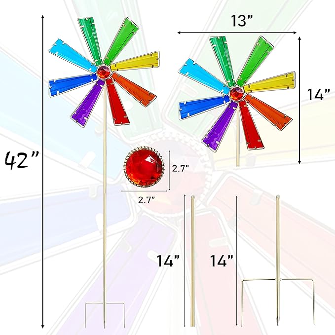 COOZZYHOUR 42 Inch Glass Rainbow Wind Spinners,Outdoor Yard Metal and Glass Windmill Garden Stake, Wind Sculptures for Yard and Garden Lawn Patio Decoration-Rainbow