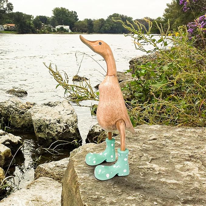 Wooden Crafted Duck Figurine with Spotty Wellies Funny Standing Duck Statues Decorative Resin Rain Boot Animal Sculpture Collectible Crafts Waterproof Garden Lawn Ornament (Green, 9.8Inch)