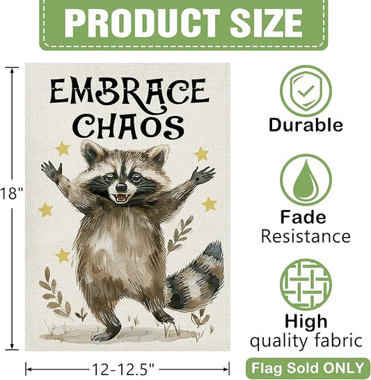Dyrenson Funny Raccoon Decorative Garden Flag, Embrace Chaos Stars Yard Outside Home Decoration, Farmhouse Burlap Outdoor Small Decor Double Sided 12 x 18