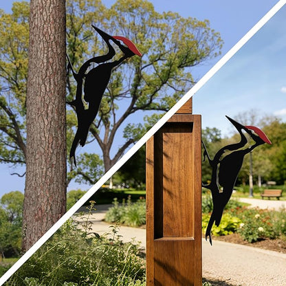 Woodpecker Metal Yard Decor, Red Head Bird Tree Branch Decoration - Rustic Metal Yard Art for Garden, Fence & Outdoor Decoration