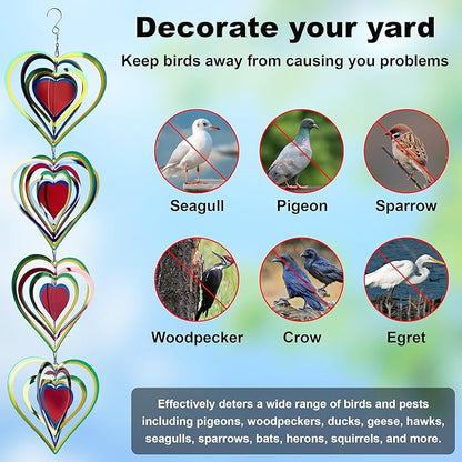 9 Pcs Heart Wind Spinners Colorful: Outdoor Garden Decor Metal Yard Lawn Ornaments with 360 Degree Swivel Hook, Reflective Bird Device Deterrent to Keep Birds Away from Porch Yard Patio Parking