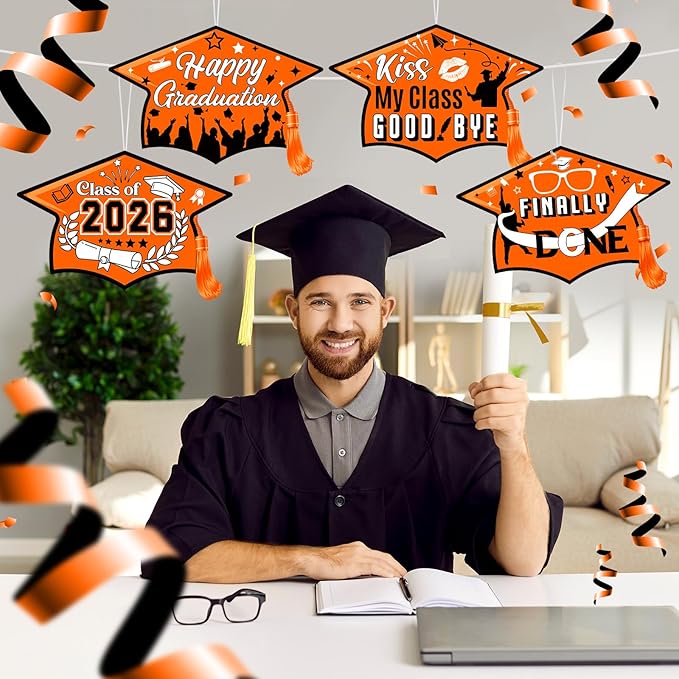 Chunful 12 Pack Graduation Yard Signs Grad Decoration 2026 Happy Graduate Lawn Garden Sign with Stake Congrats Outdoor Plastic Cap Hanging Ornament for Class Pathway Walkway Porch Party(Orange)