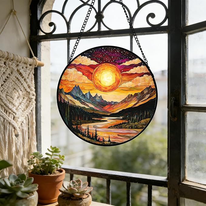DASTOLL Stained Glass Window Hanging, Dusk Sunset Landscape Sun Catchers Glass Panel Lakes and Mountains Suncatcher Decor for Birthday for Women, Men, Wife, Aunt, and Mom 9.8 in