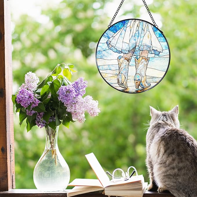 Western Cowgirl Boots Stained Glass Window Hanging Suncatcher, Western Cowboy Sun Catcher Indoor Window Decor Gifts for Women, Blue Country Painted Glass Wall Hanging Decorations 7.8x7.8 in