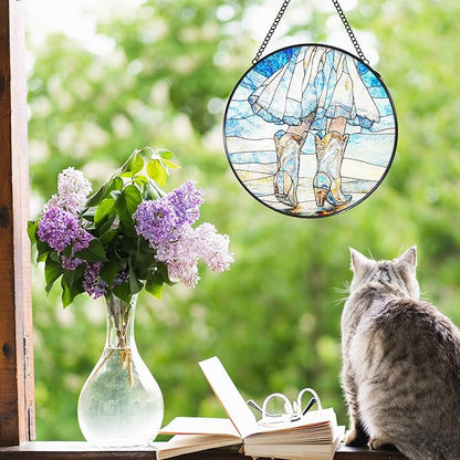 Western Cowgirl Boots Stained Glass Window Hanging Suncatcher, Western Cowboy Sun Catcher Indoor Window Decor Gifts for Women, Blue Country Painted Glass Wall Hanging Decorations 7.8x7.8 in