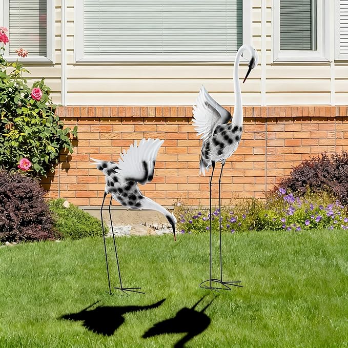 A Pair of Lifelike Crane Garden Statues, 53’’ & 35’’ Tall Metal and Wood Patina Heron Decor for Yard, Patio, Indoor Outdoor, Tall & Short Crane Sculptures