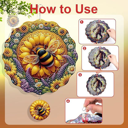 Rngmsi Sunflower Wind Spinners Outdoor Garden Decor for Outside, 3D Metal Bee Wind Spinner Hanging Decor Kinetic Art for Yard, 12 in Stainless Steel Hanging Gifts for Women Housewarming