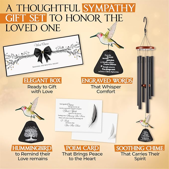 32 Inch Hummingbird Memorial Wind Chimes Outdoor, Sympathy Gifts for Loss of Loved One, Memorial Gifts for Loss of Mom, Sympathy Wind Chimes for Mother, Father, Brother, Sister