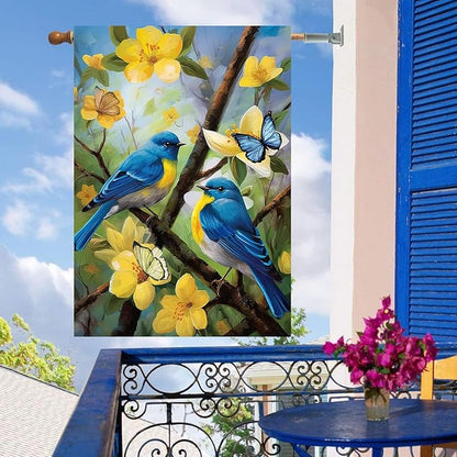 Large Spring Summer House Flags 28x40 Double Sided Bluebird Garden Flag Floral Birds Flag for Outside Porch Yard Outdoor Flower Garden Decor
