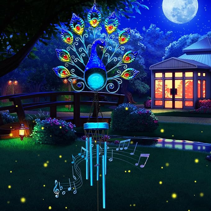 Outdoor Solar Wind Chimes, Metal Large Peacock Wind Chimes LED Lights Cracked Glass Ball Wtaerproof Garden Decorative Lights for Patio Yard Home Decor Gifts (Peacock)