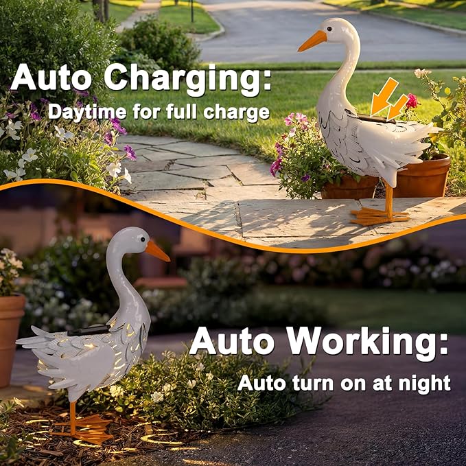 Lavezee Porch Goose Statue Outdoor Lawn and Garden Statue, Metal Goose with Solar Light for Lawn Yard Backyard, Metal Yard Art for Garden Decoration