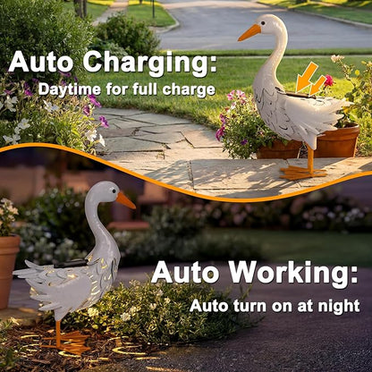 Lavezee Porch Goose Statue Outdoor Lawn and Garden Statue, Metal Goose with Solar Light for Lawn Yard Backyard, Metal Yard Art for Garden Decoration