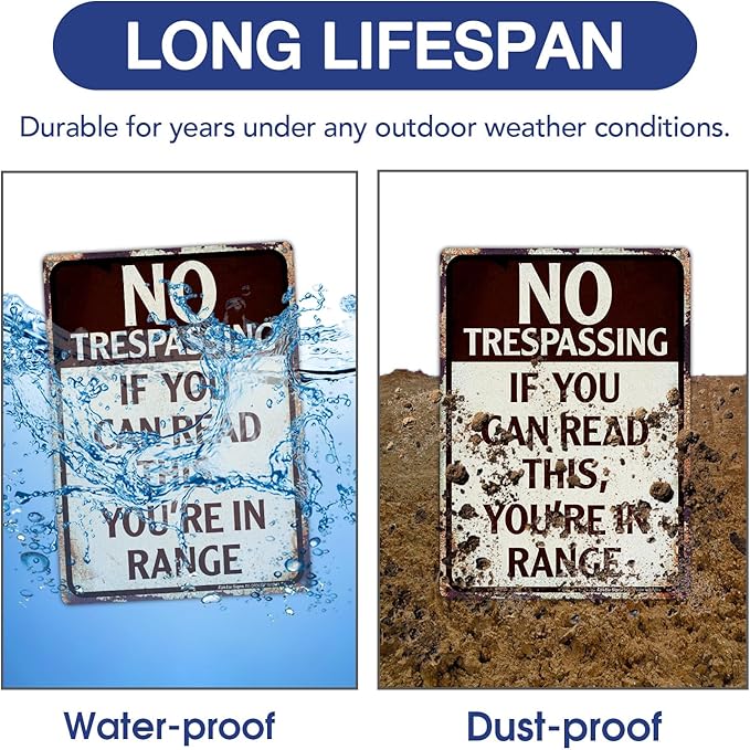 No Trespassing Metal Sign, 14x10 Aluminum Vintage Funny Wall Decor for Bars, Man Cave, Yard - Reflective, Weather/Fade Resistant
