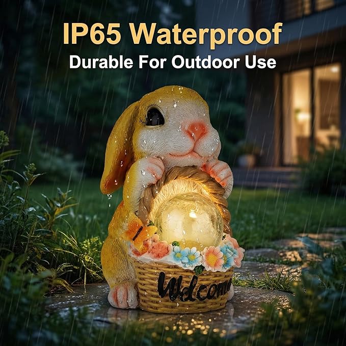 Solar Garden Welcome Statue with LED Light, Outdoor Decorative Animal Figurines, 8-10 Hour Working Time, Floral Basket Design, Lawn Yard Decor (Rabbit)