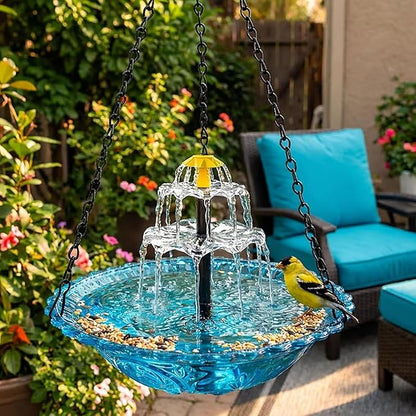 Solar Powered Hanging Bird Bath Fountain, Hanging Bird Bath Fountains Solar Power, Solar Cascade Hanging Birdbath, Tiered Cascade Solar Water Fountains (B Style Blue)