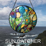 Stained Glass Window Hanging Blue Ocean Water Plants Flower 6.3" - Suncatcher Door Garden Sun Catcher Home Decor Birthday Christmas for Mom Men Woman Nana Friend