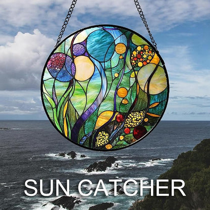 Stained Glass Window Hanging Blue Ocean Water Plants Flower 9.8" - Suncatcher Door Garden Sun Catcher Home Decor Birthday Christmas for Mom Men Woman Nana Friend