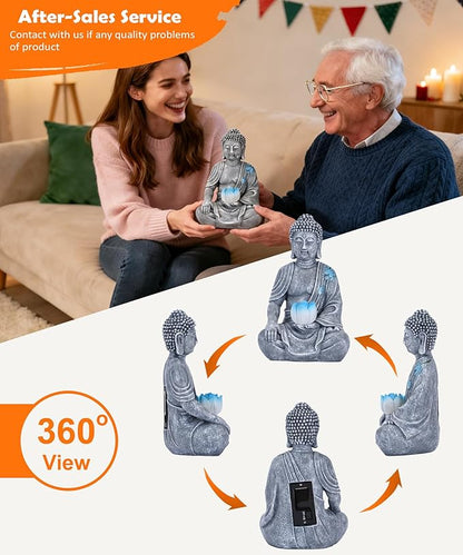 Nacome Solar Buddha Garden Statue Decor: Resin Zen Decor Waterproof Sitting Figurine with Lotus Flower Light Design for Outside Patio Lawn Yard Balcony - 8.3 inches(Grey)