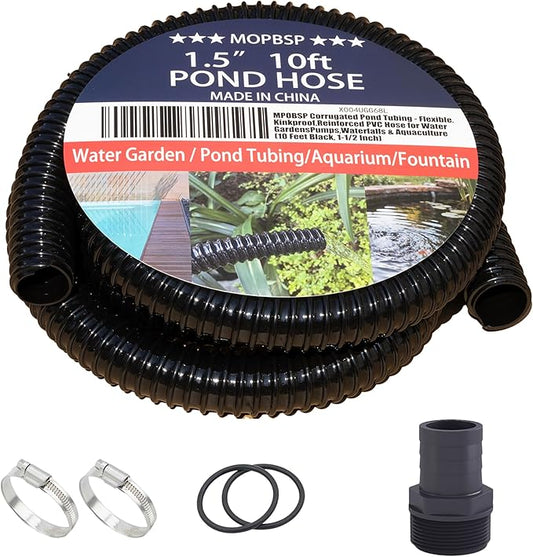 Corrugated Pond Tubing - Flexible, Kinkproof, Reinforced PVC Hose for Water Gardens, Pumps, Waterfalls & Aquaculture (10 Feet Black, 1-1/2 Inch)