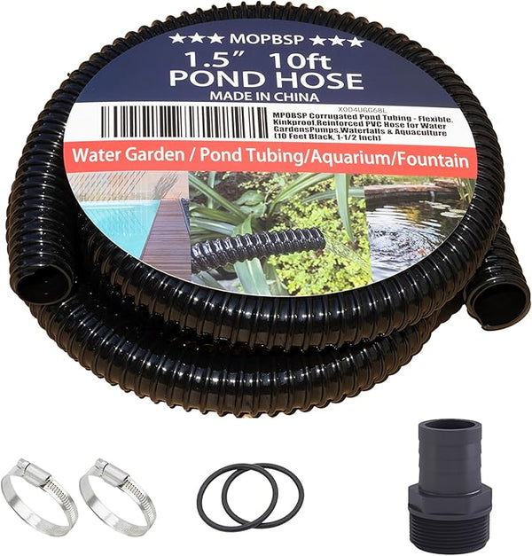 Corrugated Pond Tubing - Flexible, Kinkproof, Reinforced PVC Hose for Water Gardens, Pumps, Waterfalls & Aquaculture (10 Feet Black, 1-1/2 Inch)