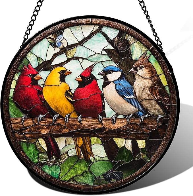 Stained Glass Window Hanging Cardinal on Branch Large 15" - Brown Suncatcher Door Garden Patio Sun Catcher Home Decor Christmas for Bird Lovers Mom Woman Grandma Men Nana