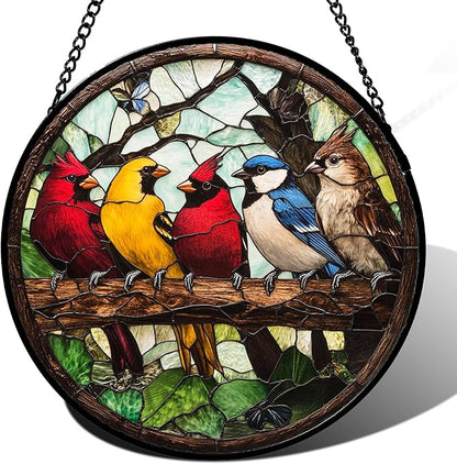 Stained Glass Window Hanging Cardinal on Branch Large 15" - Brown Suncatcher Door Garden Patio Sun Catcher Home Decor Christmas for Bird Lovers Mom Woman Grandma Men Nana