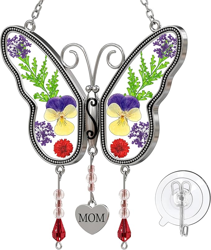 Butterfly Suncatcher Mom Gifts Stained Glass Sun Catchers for Windows Hangings Ornaments with Pressed Flower Wings Embedded in Glass and Metal Trim MOM Heart Charm Birthday Gifts for Mom