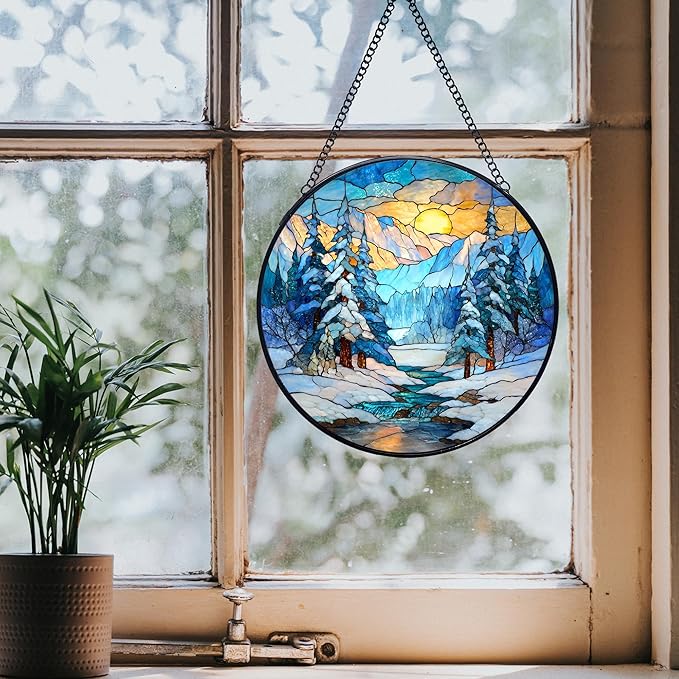 Winter Christmas Stained Glass Window Hanging Suncatchers, Winter Mountain Landscape Sun Catchers Indoor Window Glass Wall Art Decor, Christmas Wall Hanging Decorations Sculptures, 7.9x7.9in