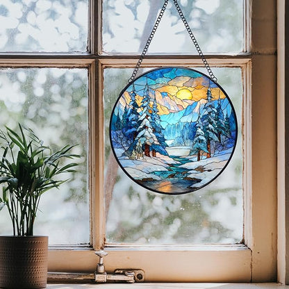 Winter Christmas Stained Glass Window Hanging Suncatchers, Winter Mountain Landscape Sun Catchers Indoor Window Glass Wall Art Decor, Christmas Wall Hanging Decorations Sculptures, 7.9x7.9in