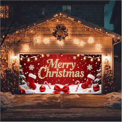 HOMETITUTE Christmas Garage Door Banner 13x6ft Merry Xmas Gold Sign Stockings Candy Bows Ornaments Snowflakes Red Backdrop Outdoor Yard Photo Background Holiday Decoration