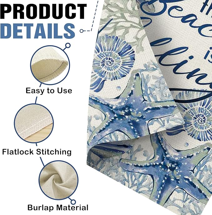 Dyrenson Spring Summer The Beach is Calling 28 x 40 House Flag Double Sided, Coastal Conch Starfish Coral Pearl Garden Yard Decorations, Nautical Seasonal Burlap Outdoor Decor Decorative Large Flag
