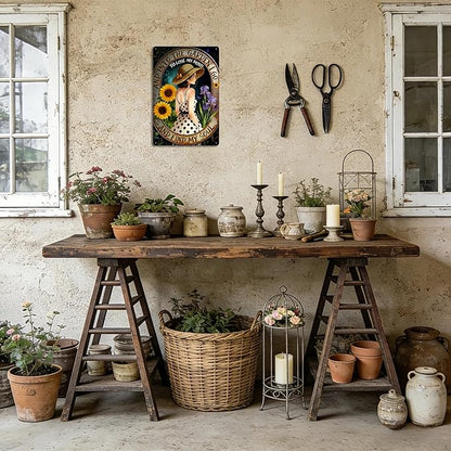 Garden Signs for Outside - and Into The Garden I Go, Funny Metal Signs for Home Garden Patio Yard, Vintage Gardening Gifts for Women, Wall Decor 12" x 8"