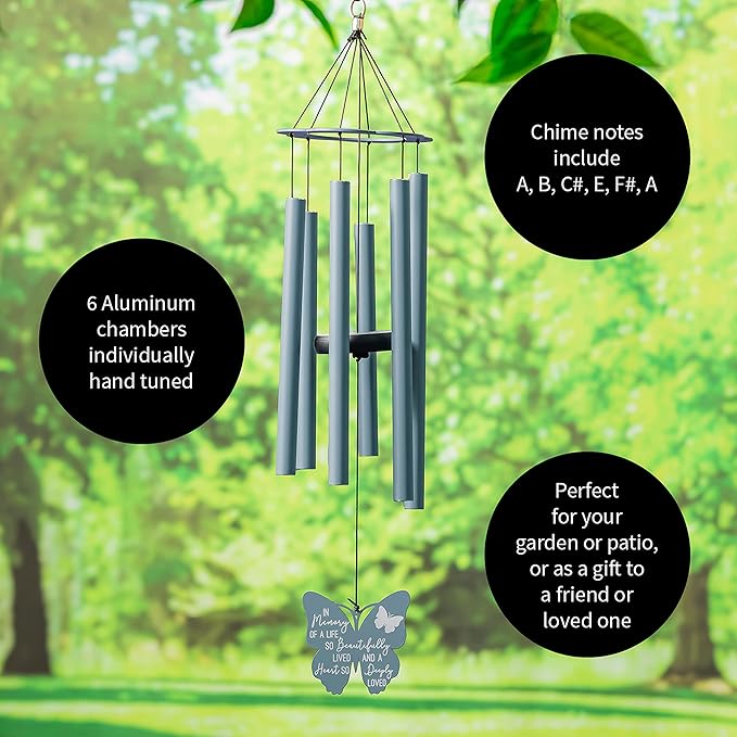 Evergreen Hand Tuned Memorial Wind Chime for Outside | in Memory of a Life| Scale of A | Deep Tone | Powder-Coated Metal | Blue | 30-Inches Tall | Sympathy Gift for Home Garden Decoration