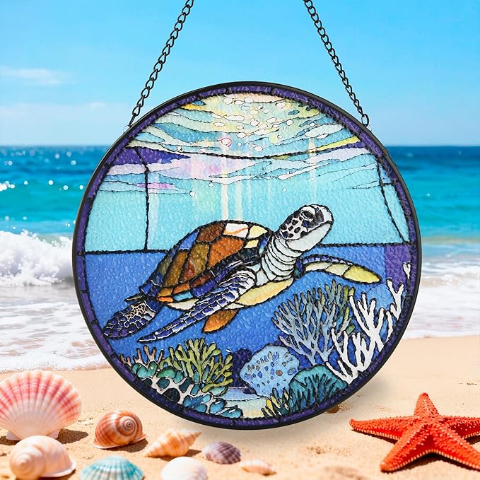Stained Glass Window Hanging, Turtle Circular Painted Glass Suncatcher with Chain & Suction Cup for Home Garden Door Decor, Birthday for Women Men Mom 7.8 in
