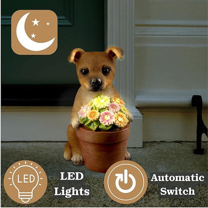 Muldale Solar Dog Statues Outdoor - Solar Powered Outdoor Dog Garden Statue - Hand Painted Floral Plant Pot Light Up