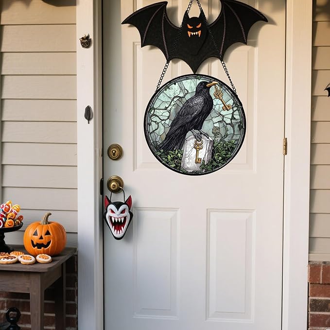 Stained Glass Window Hanging - Halloween Crow Holding A Key Suncatcher for Doors Garden Home Spooky Green Vines Sun Catchers Gothic Decor Horror Gift for Women Men Friend Boy Girl 11.8 in