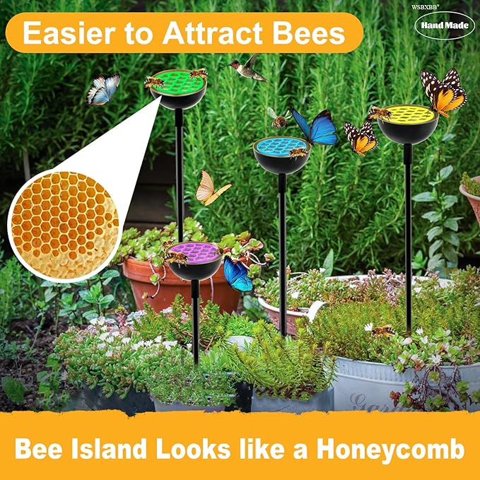 4 Pack Bee Waterer and Butterfly Water Stations for Garden with Bees Island, Bee Water Catcher for Thirsty Pollinators, Colorful Metal Garden Sculpture Stakes Decor