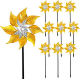 Hausse 10 Pack Reflective Pinwheels with Stakes, Extra Sparkly Pin Wheel for Garden Decor, Bird Repellent Devices Deterrent to Scare Birds Away from Yard Patio Farm, Golden