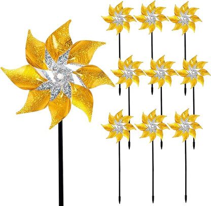 Hausse 10 Pack Reflective Pinwheels with Stakes, Extra Sparkly Pin Wheel for Garden Decor, Bird Repellent Devices Deterrent to Scare Birds Away from Yard Patio Farm, Golden
