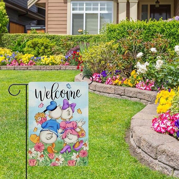 Dyrenson Welcome Spring Summer Cartoon Duck Decorative Garden Flag, Daffodil Daisy Floral Flower Butterfly Yard Outside Home Decorations, Seasonal Burlap Outdoor Small Decor Double Sided 12 x 18