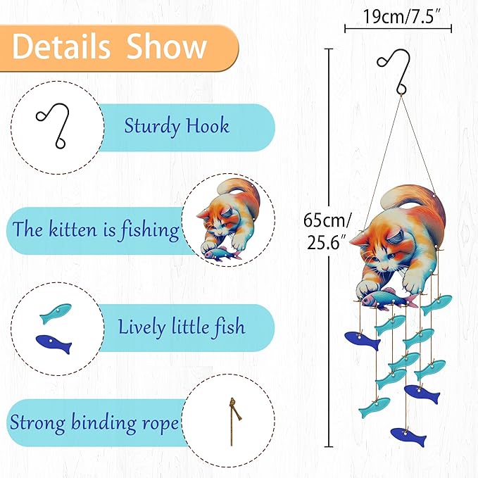 Cute Kitten Fish Wind Chimes for Outside, Handcrafted Windchimes Outdoors Unique,Suncatchers Sea Glass Art Christmas, Patio Beach Hanging Outdoor Home Garden Decor, Christmas Memorial Gifts for Women